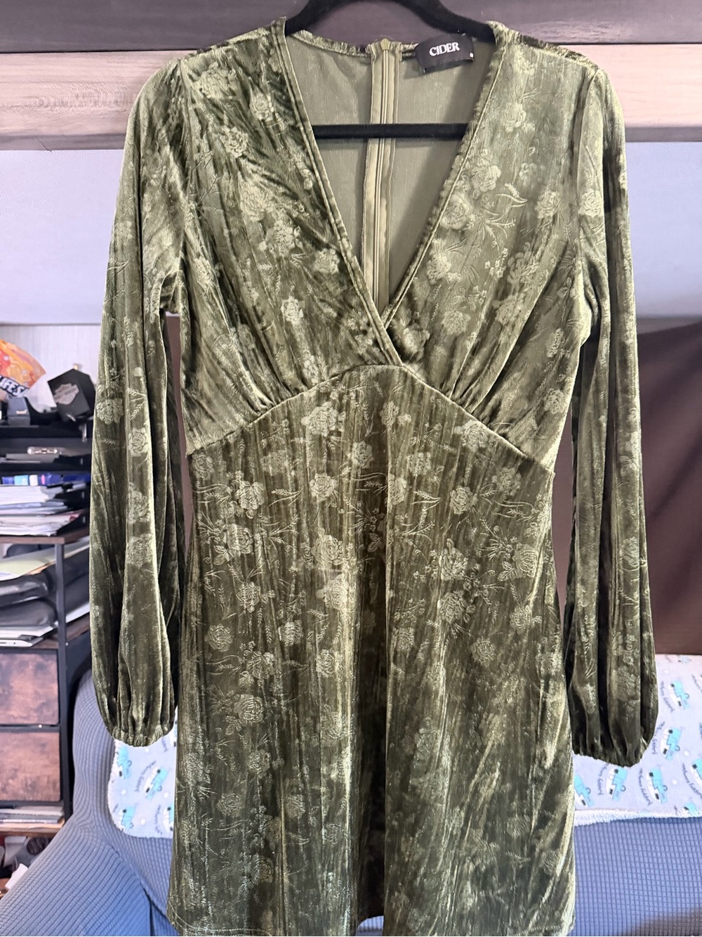 NEW Cider Olive Green Velvet Floral Wrap Dress